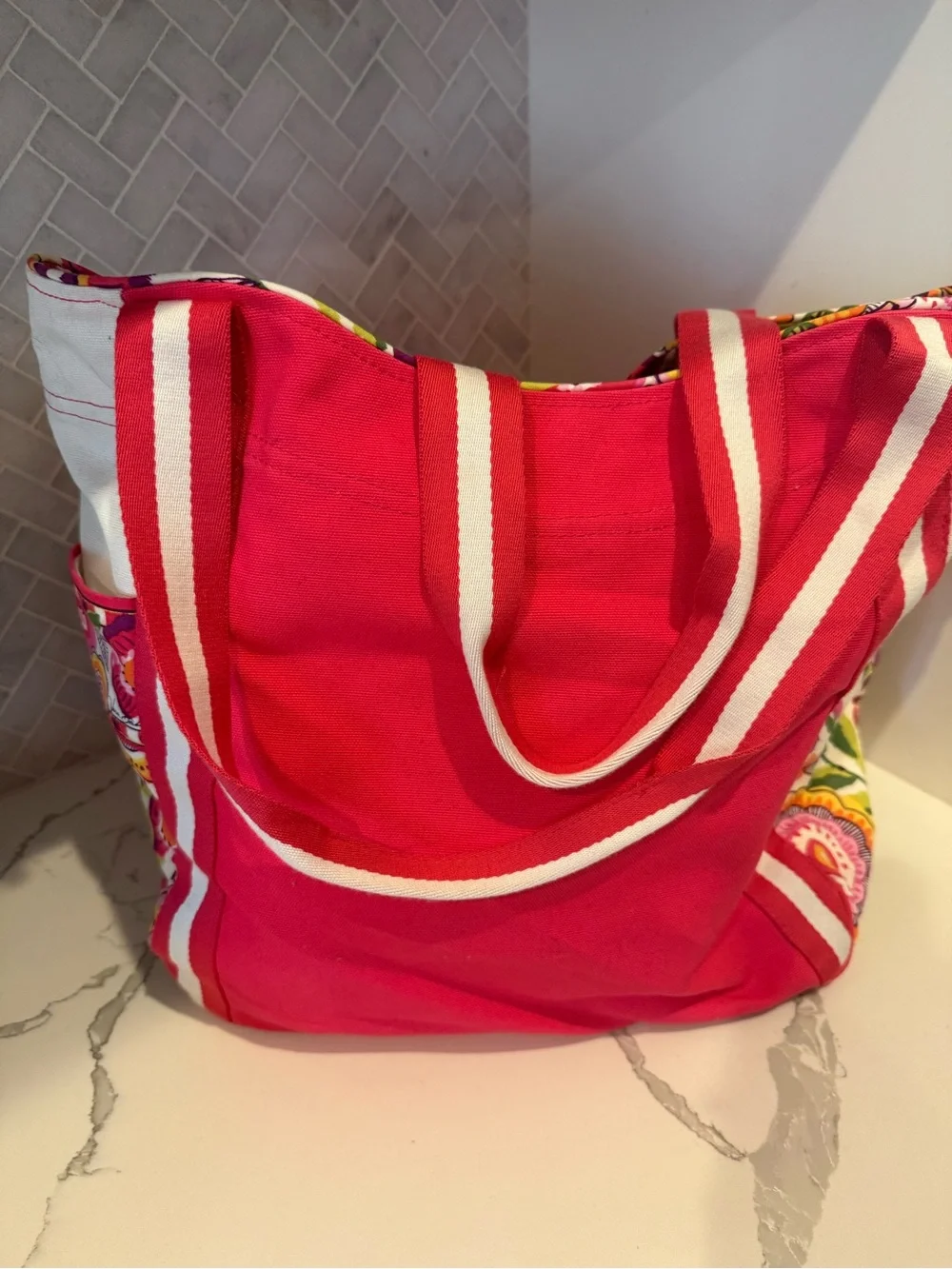 Vera Bradley Bright Pink Canvas Tote Bag with White Stripe Handles floral accent